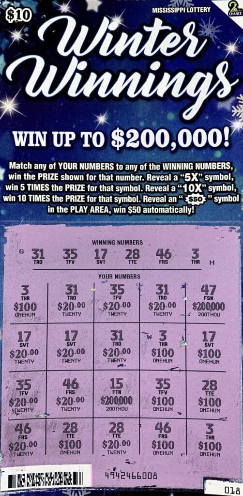 A Forest man won $1,000 on a Winter Winnings scratch-off game purchased from Forest Red Apple Texaco on Hwy. 35 S., Forest.