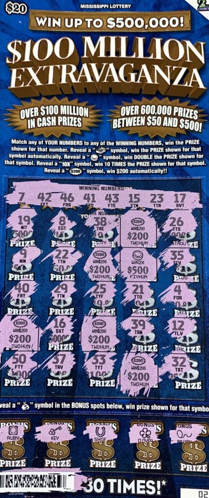 A Brandon woman won $2,000 on a $100 Million Extravaganza scratch-off game purchased from Lakeside Foodmart #13 on Hwy. 471, Brandon.