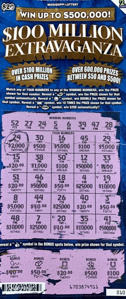 A Clinton man won $2,000 on a $100 Million Extravaganza scratch-off game purchased from JPK Food & Fuel on Terry Rd., Jackson.