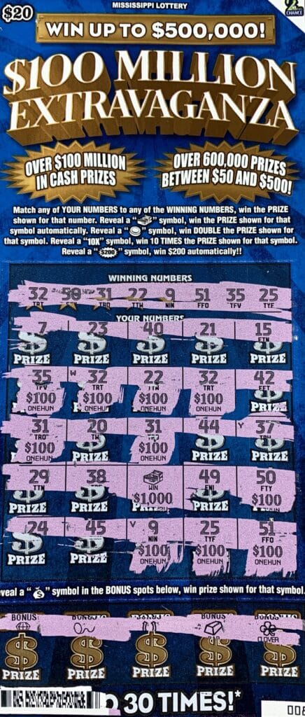 A Florence woman won $2,000 on a $100 Million Extravaganza scratch-off game purchased from Bridges Quickie #1 on Hwy. 469 S., Florence.