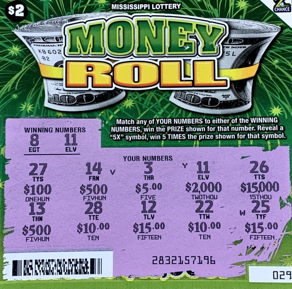 A Jackson woman won $2,000 on a Money Roll scratch-off game purchased from Cefco Convenience Store #538 on Magnum Dr., Flowood.