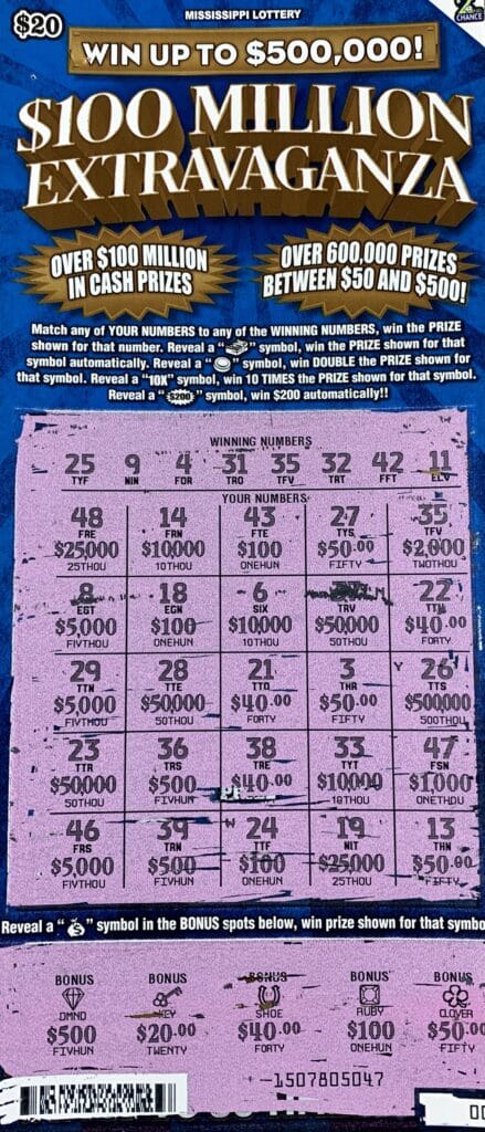 A Tupelo woman won $2,000 on a $100 Million Extravaganza scratch-off game purchased from TNT Mainstop on Main St., Planterville.