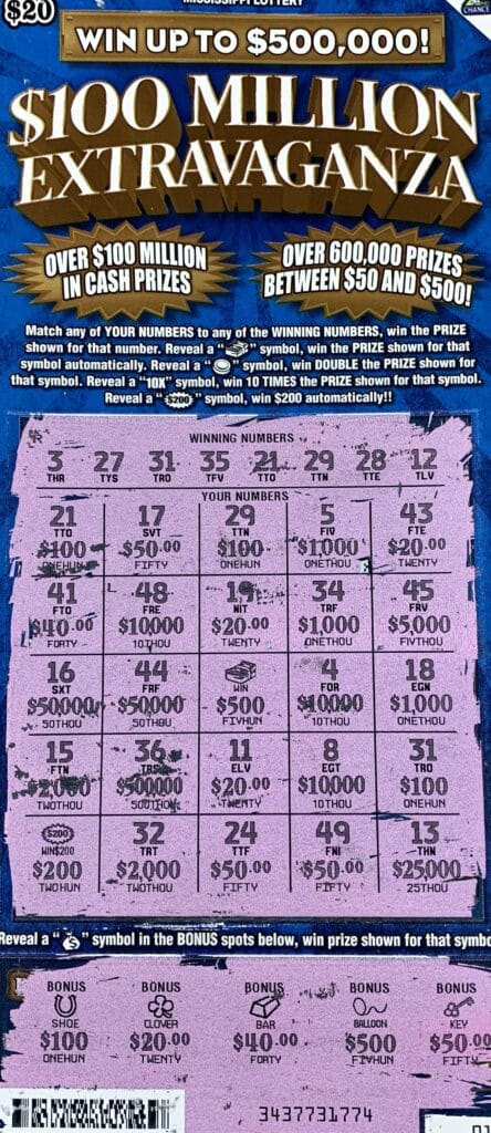 A Columbus woman won $1,000 on a $100 Million Extravaganza scratch-off game purchased at Love’s Travel Stop #564 on Tuscaloosa Rd., Columbus.