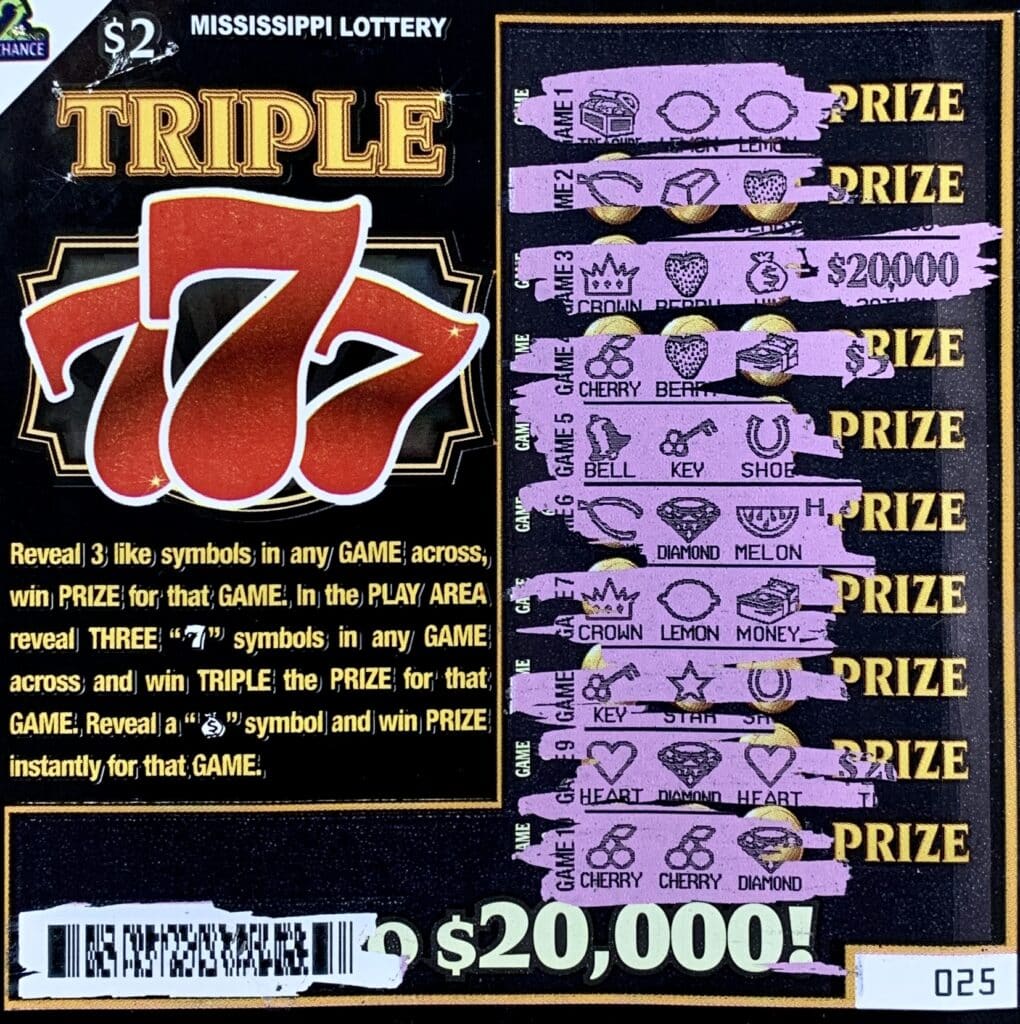 A Corinth woman won $20,000 on a Triple 777 scratch-off game purchased from T-Mart #7 on Hwy. 72 E., Corinth.