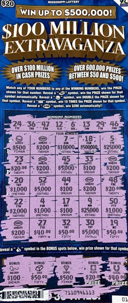 A Brookhaven woman won $2,000 on a $100 Million Extravaganza scratch-off game purchased from Bluesky Store #402 on Hwy. 51 N., Brookhaven.