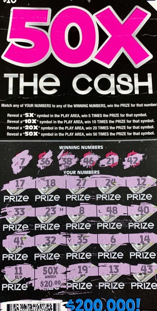 A Mobile, Ala., man won $1,000 on a 50x the Cash scratch-off game purchased from Circle K Store #2723847 on Beach Blvd., Biloxi.