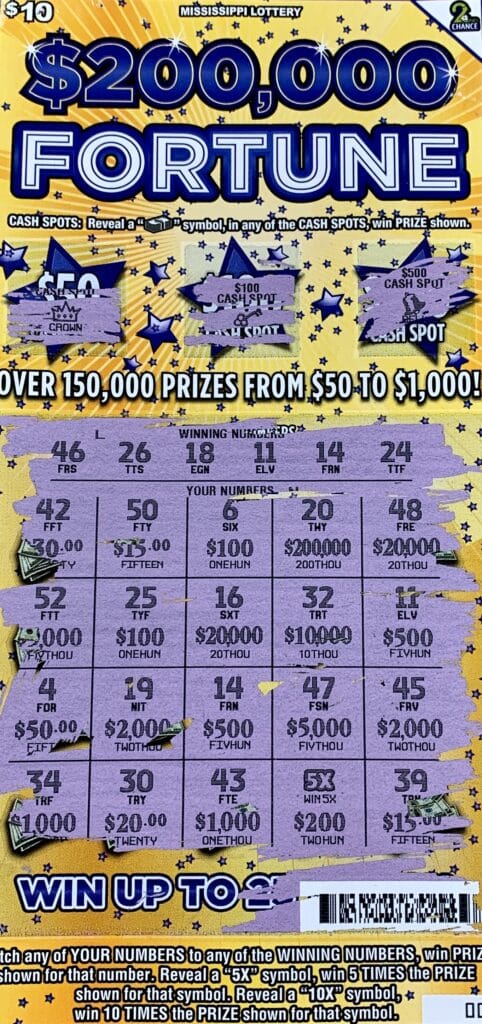 A Carthage man won $2,000 on a $200,000 Fortune scratch-off game purchased from HWY 35 One Stop on Hwy. 35 N., Carthage.