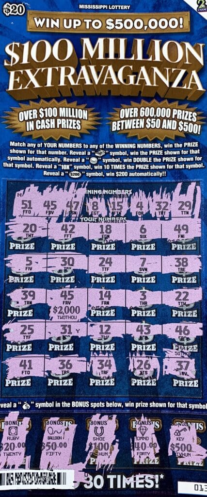 A Quitman man won $2,000 on a $100 Million Extravaganza scratch-off game purchased from Fleming Grocery on CR 420, Quitman.