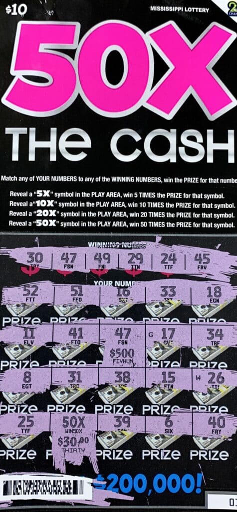 A Ridgeland man won $2,000 on a 50x the Cash scratch-off game purchased from Fast Fill 4 LLC on Old Canton Rd., Ridgeland.