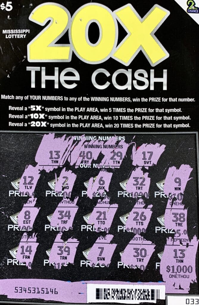 A Corinth man won $1,000 on a 20x the Cash scratch-off game purchased at Sprint Mart #27 on Hwy. 72 West, Corinth.