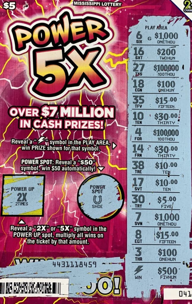 A Hattiesburg woman won $1,000 on a Power 5x scratch-off game purchased from Keith’s Superstore #151 LLC on Hwy. 49, Hattiesburg.