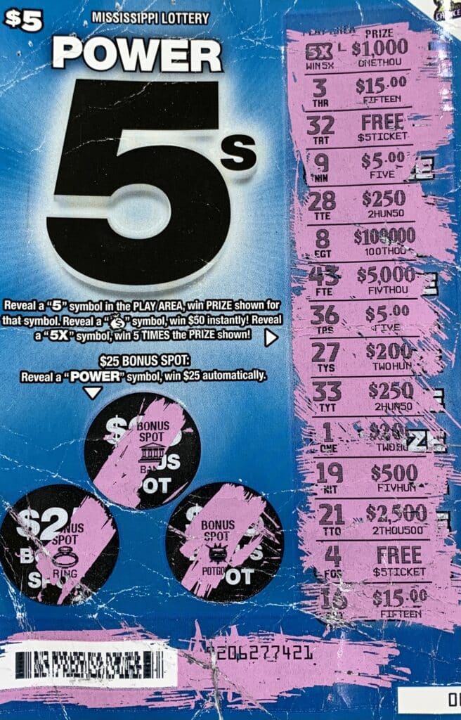 A Jackson man won $5,000 on a Power 5s scratch-off game purchased from Watkins Shell on Watkins Dr., Jackson.