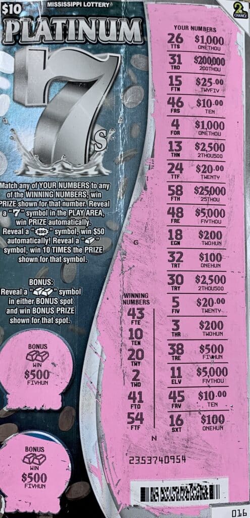 A Lumberton man won $1,000 on a Platinum 7s scratch-off game purchased from Murphy Oil USA #8547 on Hwy. 15 N., Laurel.