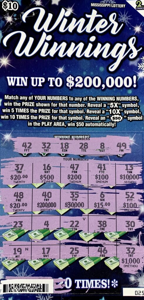 A Tupelo woman won $1,000 on a Winter Winnings scratch-off game purchased from V Mart LLC on N. Eason Blvd., Tupelo.