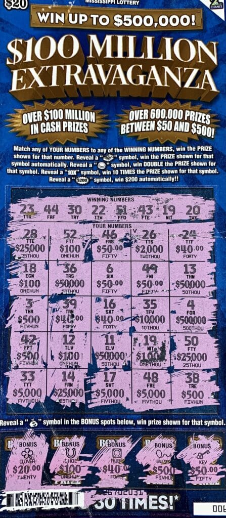 A Brookhaven woman won $1,000 on a $100 Million Extravaganza scratch-off game purchased from A One Stop #2 on Hwy. 84 E., Brookhaven.