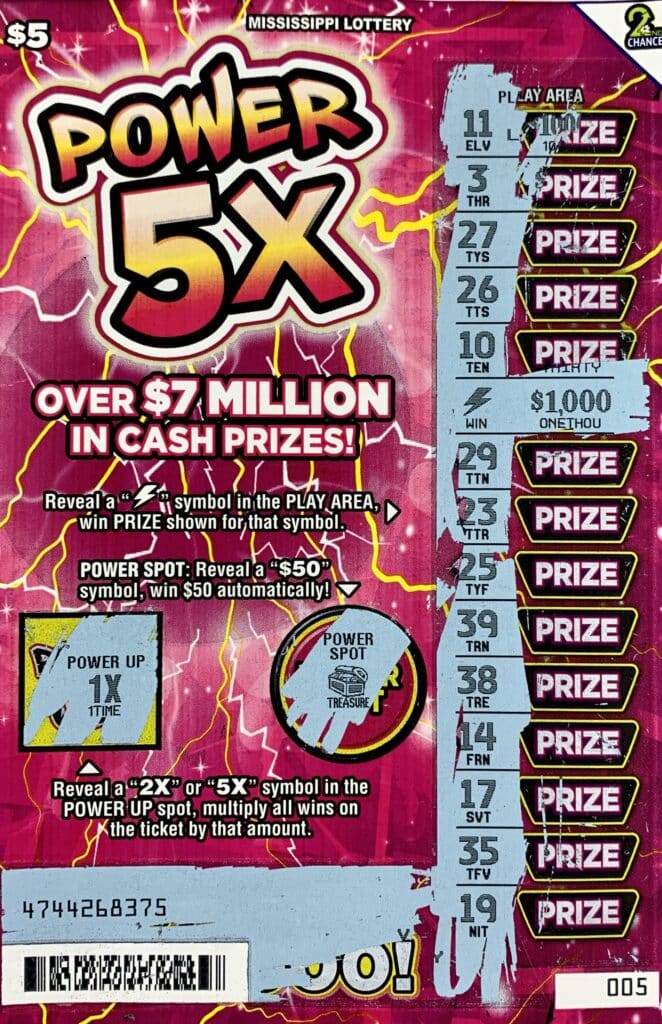 A Gloster woman won $1,000 on a Power 5x scratch-off game purchased from Liberty Marathon on Main St., Liberty.