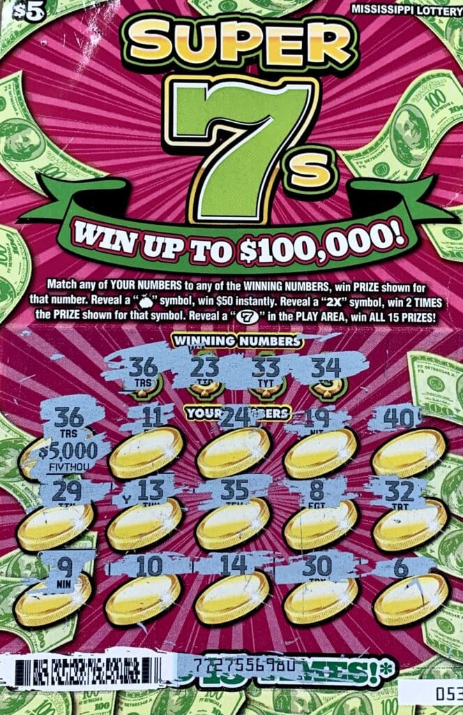 A Gulfport woman won $5,000 on a Super 7s scratch-off game purchased from Clark Oil Company Inc. #16 on Pass Rd., Biloxi.