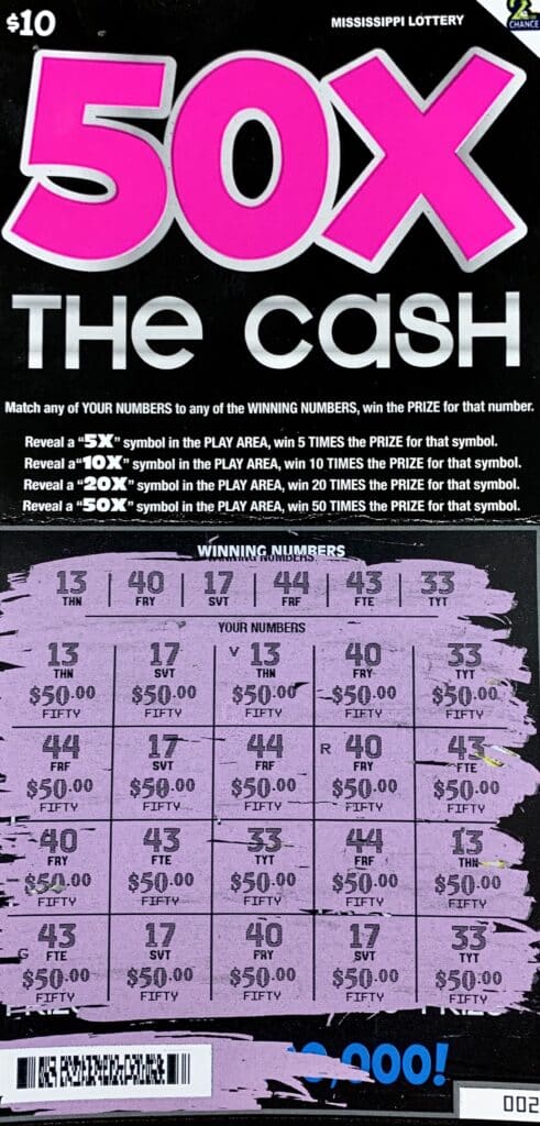 A Tylertown woman won $1,000 on a 50x the Cash scratch-off game purchased from Darbun General Store on Hwy. 586, Foxworth.