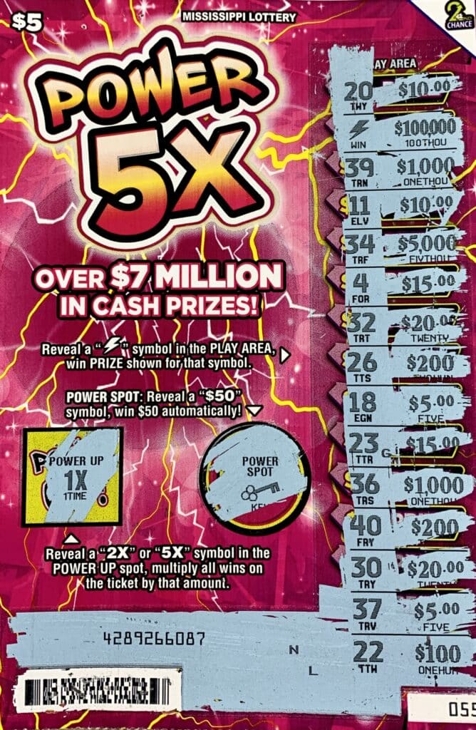 A Newton County man won $100,000 on a Power 5x scratch-off game purchased from Union Junction on E. Junction Rd., Union.