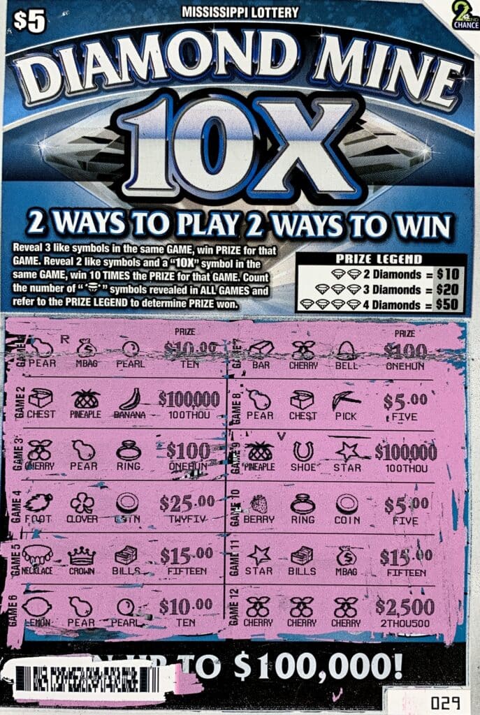 A Kiln woman won $2,500 on a Diamond Mine 10x scratch-off game purchased from Keith’s Superstore #182 LLC on Hwy. 603, Waveland.