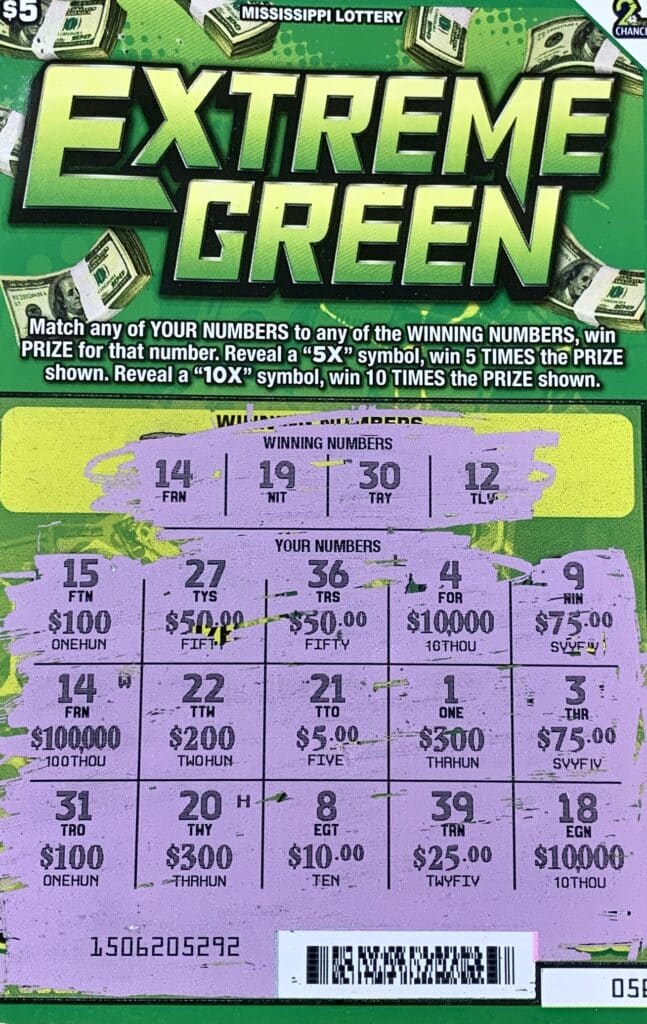 A Hattiesburg player won $100,000 on an Extreme Green scratch-off game purchased from Jai Ganesh 27 LLC on W. 7th St., Hattiesburg.