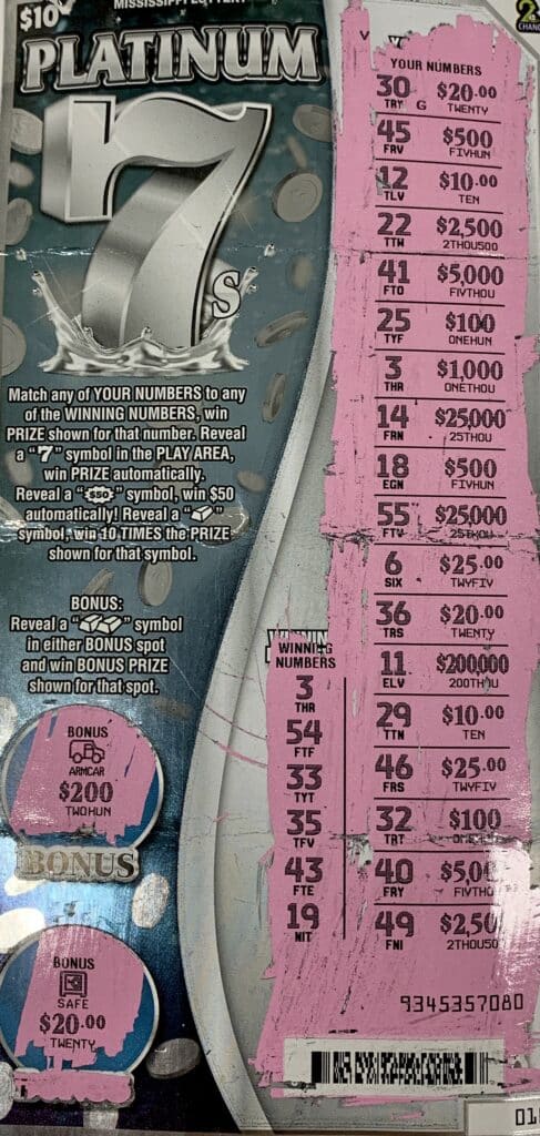 A Columbia man won $1,000 on a Platinum 7s scratch-off game purchased from TG Mart on Hwy. 13 N., Columbia.