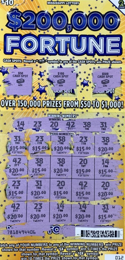 A Belden man won $1,000 on a $200,000 Fortune scratch-off game purchased from NT Brothers C Store on McCullough Blvd., Tupelo.