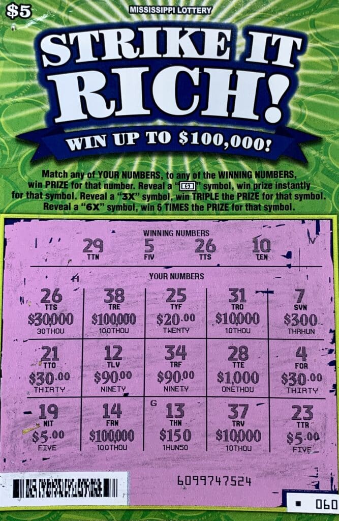 A New Albany woman won $30,000 on a Strike it Rich scratch-off game purchased from Devasya Enterprises on Hwy. 15 S., New Albany.