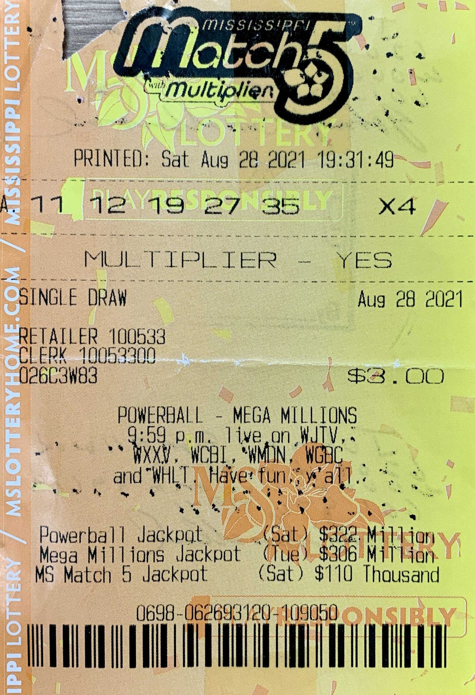 A Woodville man won $800 on a Mississippi Match 5 ticket purchased from Go Mart on Sgt. Prentiss Dr., Natchez.