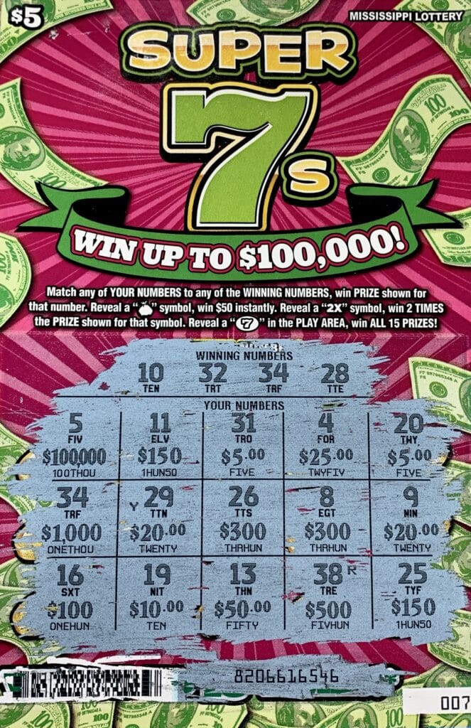 A McHenry woman won $1,000 on a Super 7s scratch-off game purchased from Keith’s Superstore #107 LLC on Hwy. 49, Saucier.