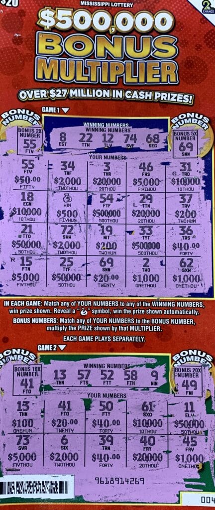 A Meridian woman won $1,000 on a $500,000 Bonus Multiplier scratch-off game purchased from Hampton Shell on Hwy. 39 N., Meridian.