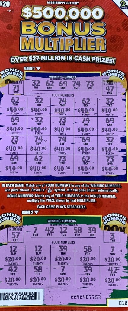 A Pearl woman won $1,000 on a $500,000 Bonus Multiplier scratch-off game purchased from Mack’s Tobacco on Hwy. 80, Pearl.