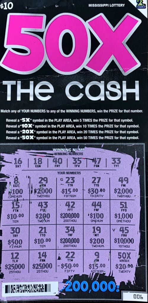 A Meridian man won $1,000 on a 50x the Cash scratch-off game purchased from Murphy Oil USA #7452 on Hwy. 19 N., Meridian.