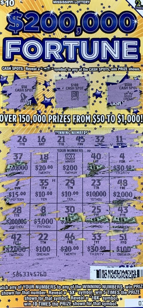 A Meridian woman won $2,000 on a $200,000 Fortune scratch-off game purchased from Broadmoor on North Hills St., Meridian.