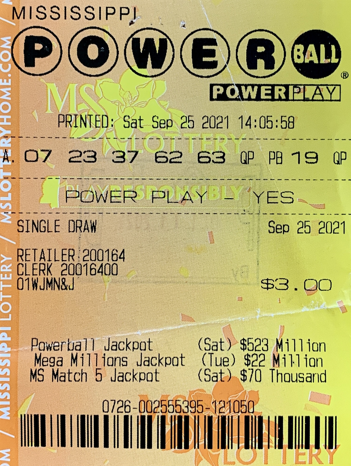 A Purvis man won $150,000 on a Powerball ticket purchased from Ramey’s on Hwy. 11 N., Poplarville.