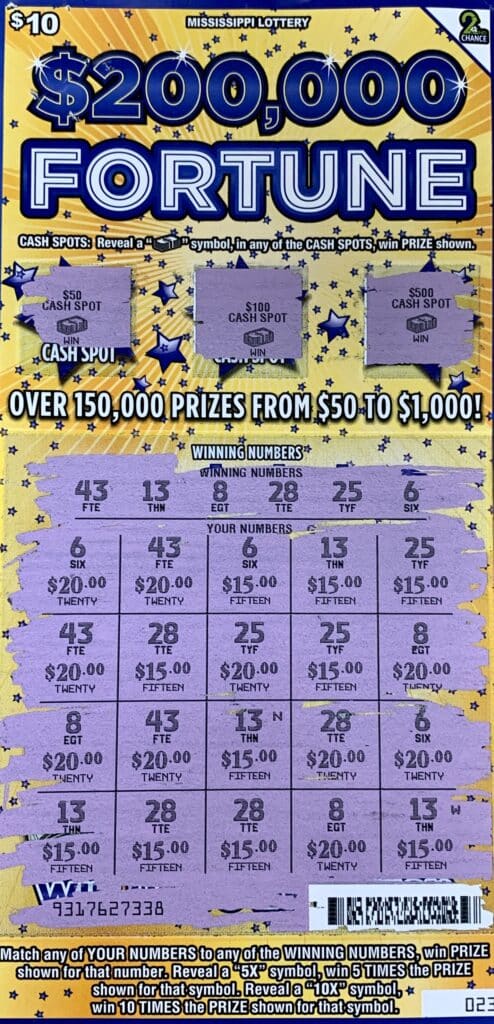 A Wiggins man won $1,000 on a $200,000 Fortune scratch-off game purchased from Jr Food Mart #476 on Central Avenue W., Wiggins.