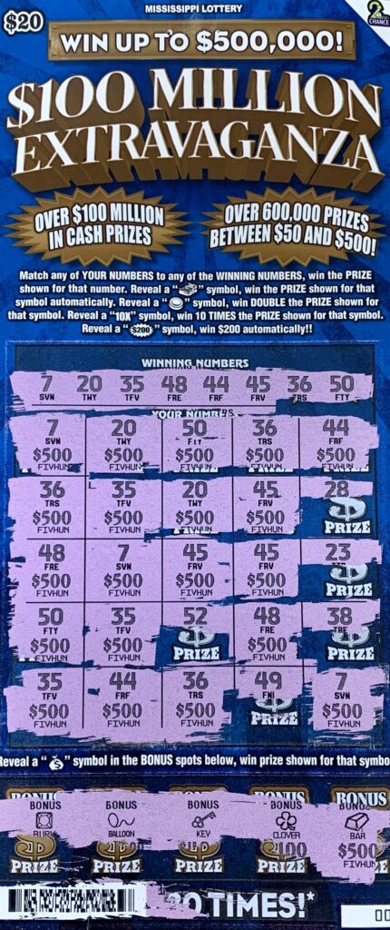 A Canton man won $10,000 on a $100 Million Extravaganza scratch-off game purchased at Fleetway 100 on Gluckstadt Rd., Madison.