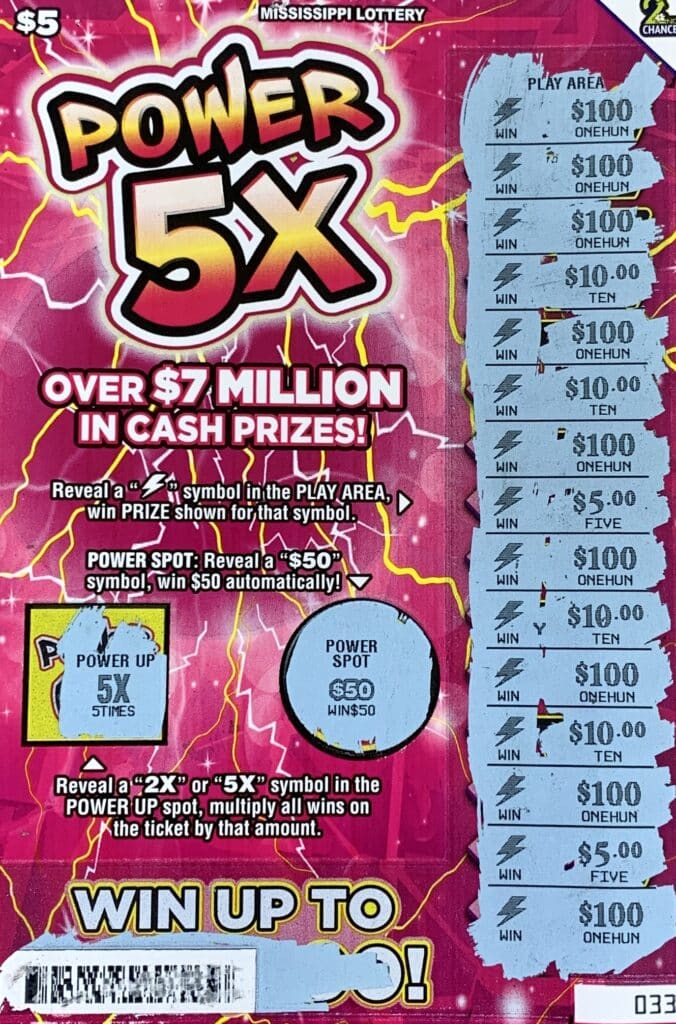 A Louisville woman won $5,000 on a Power 5x scratch-off game purchased from Roopnoor LLC on N. Columbus Ave., Louisville.