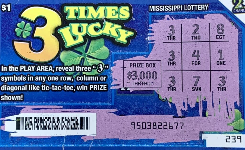 A Hattiesburg woman won $3,000 on a 3 Times Lucky scratch-off game purchased from Fast Mart 19 on Oak Grove Rd., Hattiesburg.