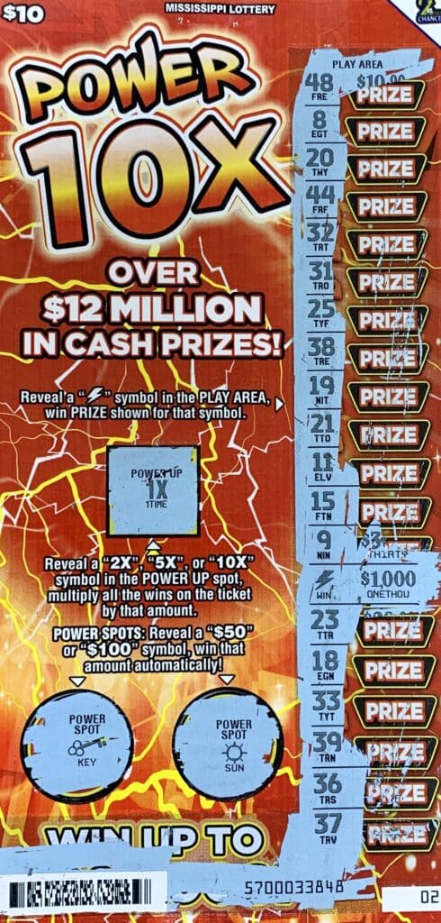 A Moss Point man won $1,000 on a Power 10x scratch-off game purchased from A&M Food Mart on Denny Ave., Pascagoula.