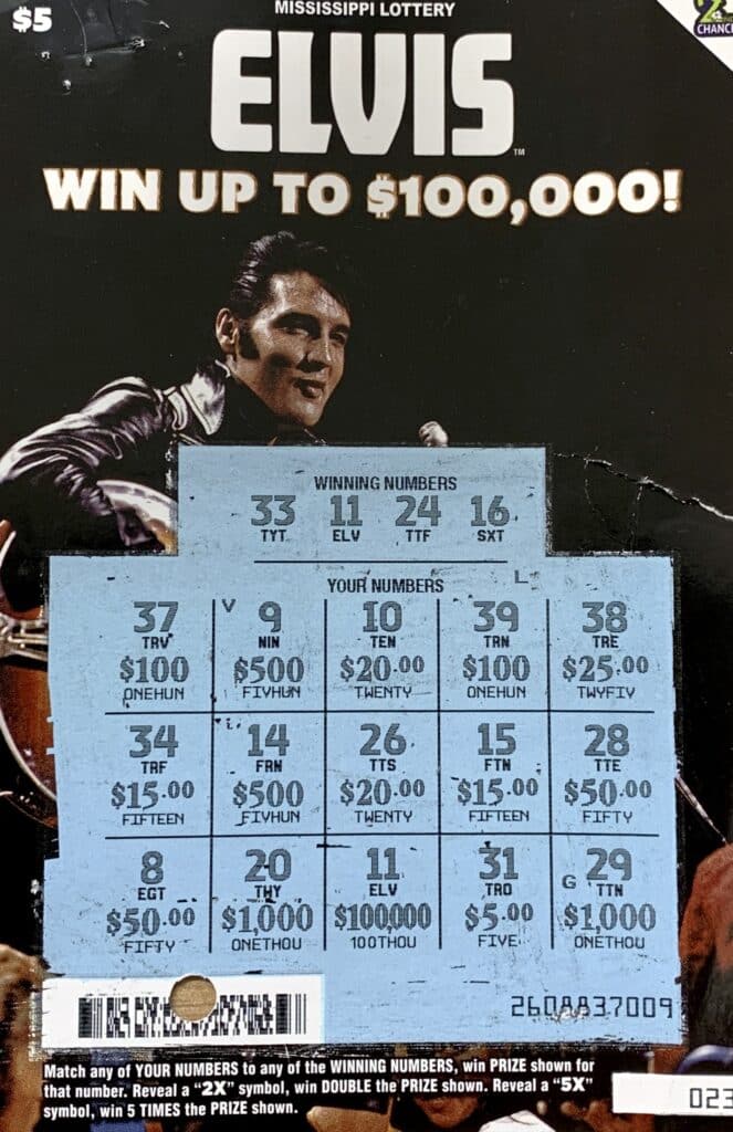 A Pascagoula player won $100,000 on an Elvis scratch-off game purchased from Neighborhood Store #2 on 14th St., Pascagoula.