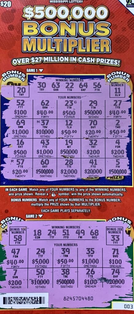 A Port Gibson man won $5,000 on a $500,000 Bonus Multiplier scratch-off game purchased from Port Gibson Corner LLC on Hwy. 18, Port Gibson.