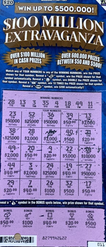 A Como woman won $10,000 on a $100 Million Extravaganza scratch-off game purchased from White’s Deli & Gas on S. Main St., Sardis.