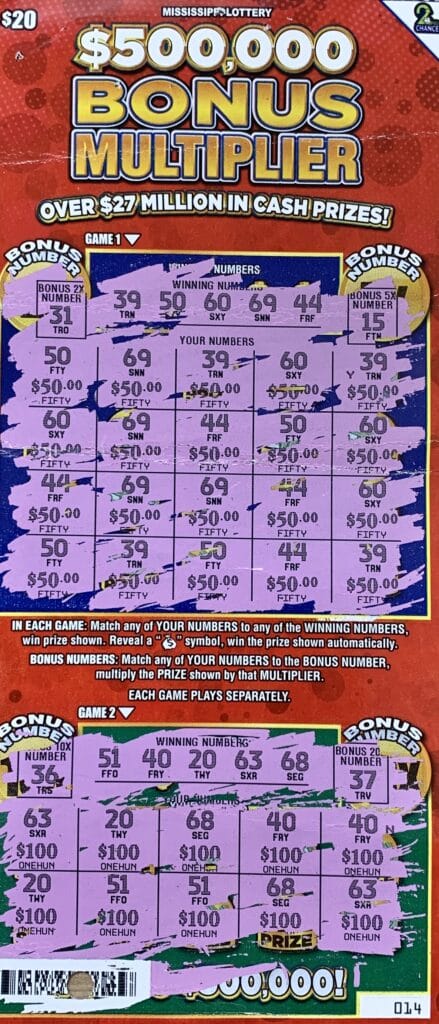 A Jackson man won $2,000 on a $500,000 Bonus Multiplier scratch-off game purchased from Hwy Express LLC on Hwy. 7 N., Grenada.