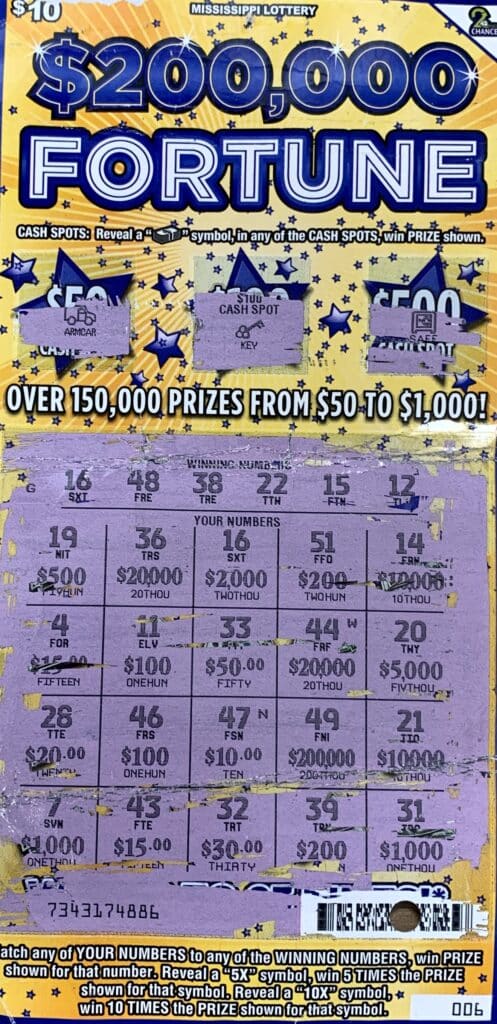 A Gulfport man won $2,000 on a $200,000 Fortune scratch-off game purchased from Circle K Store #2723755 on Three Rivers Rd., Gulfport.