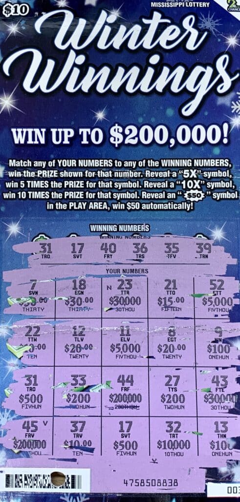 A Vicksburg woman won $1,000 on a Winter Winnings scratch-off game purchased from Suds N Smokes on Hwy. 27, Vicksburg.