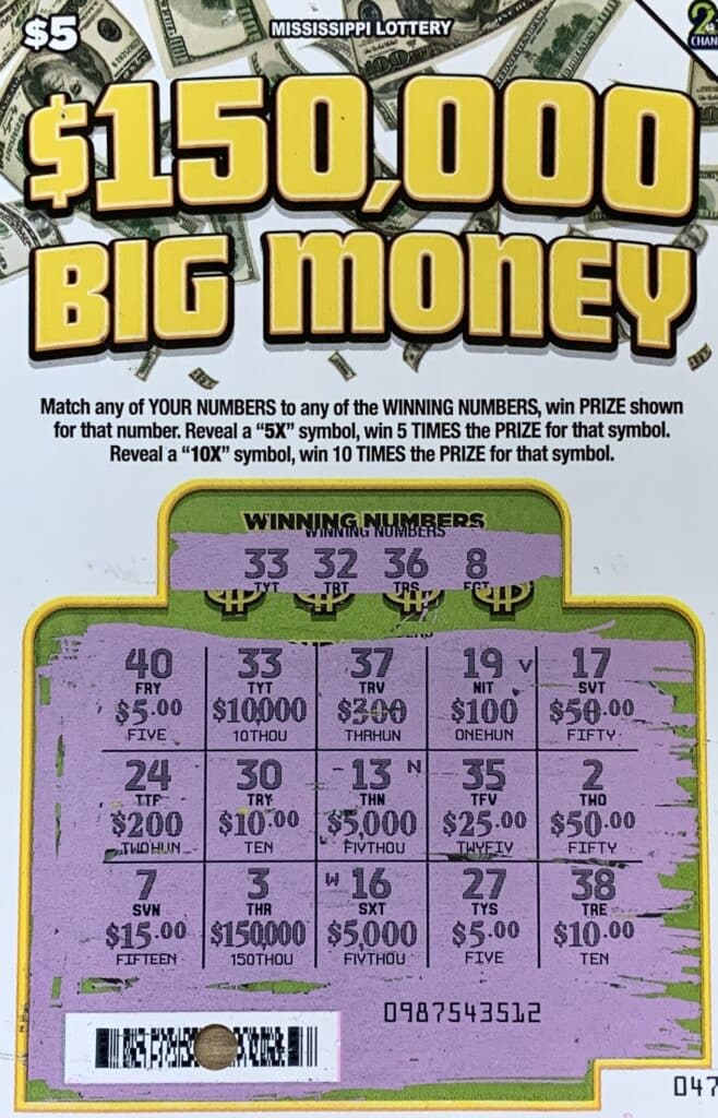 An Ocean Springs man won $10,000 on a $150,000 Big Money scratch-off game purchased at Bao Wow’s on Government St., Ocean Springs.