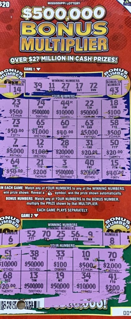 A Picayune man won $2,000 on a $500,000 Bonus Multiplier scratch-of game purchased from Keith's Superstore #194 LLC on W. Union Rd., Carriere.