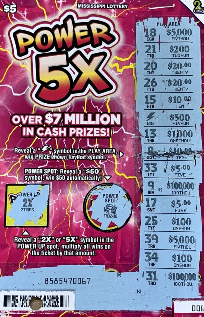 A Biloxi woman won $1,000 on a Power 5x scratch-off game purchased from Circle K Store #2723757 on Tucker Rd., Vancleave.