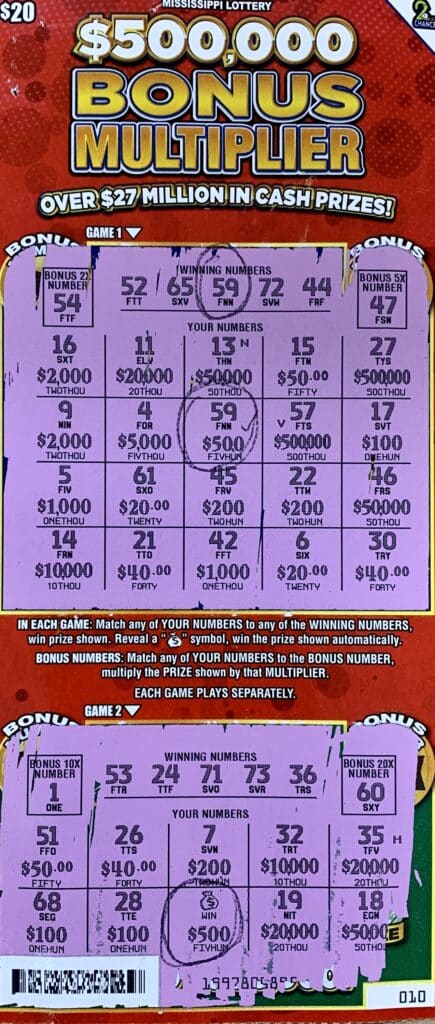 A Jackson man won $1,000 on a $500,000 Bonus Multiplier scratch-off game purchased from Sandy’s Marathon on S. Gallatin St., Jackson.